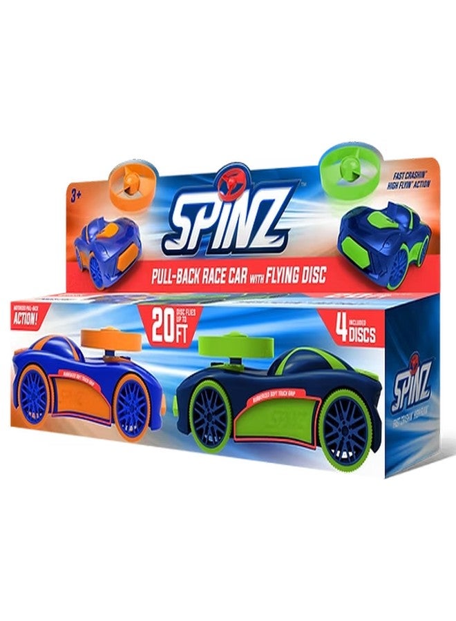 Spinz 2 Pack Race Cars with Flying Disc Launchers, Pull Back Bumper Toy Racer, Kids, Boys, Girls Gift, Blue/Orange & Blue/Green Ages 3+ - Image 2